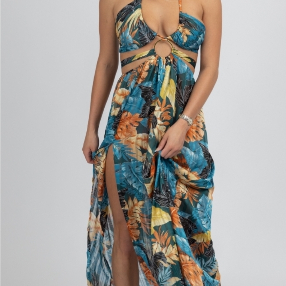 TEAL TROPICAL HIGH SLIT MAXI COVER UP - Picture 2 of 6